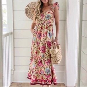House Of Harlow 1960 Women's Floral Smocked Ruffle Tiered Maxi Dress Size Small
